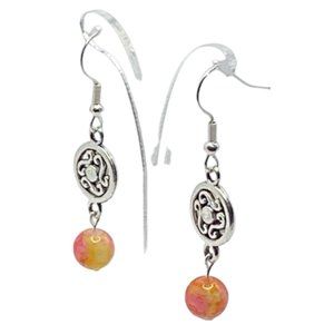 Silver Drop Earrings with Orange and Pink Marble